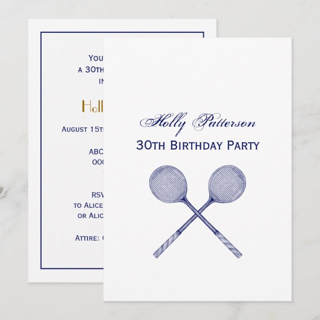 Invitación Raquetas de squash cruzadas azules (Anverso / Reverso)