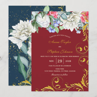 Invitación Raspberry Blue Blue Pink Gold Swirls Botánico