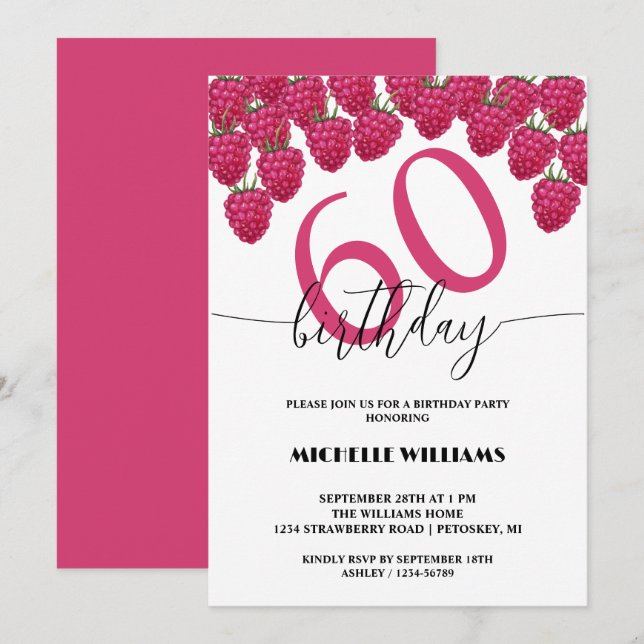 Invitación Raspberry color de agua rosa caligrafía cumpleaños (Anverso / Reverso)