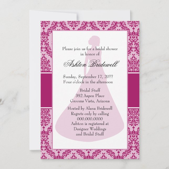 Invitación Raspberry Damask Bridal Shower (Anverso)