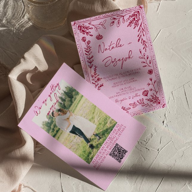 Invitación Raspberry Pink QR Code Drawn Floral Photo Wedding (Subido por el creador)