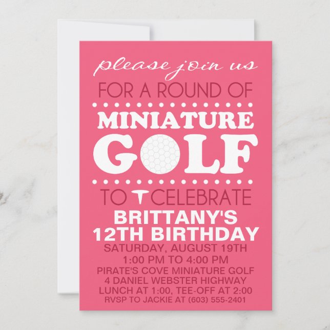 Invitación Raspberry Pink Tee Time Minigolf Cumpleaños Pa (Anverso)
