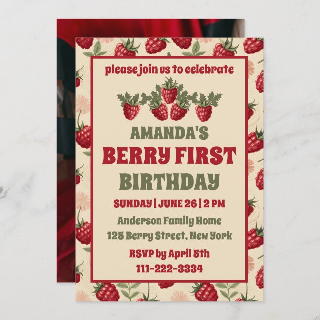 Invitación Raspberry primer Fiesta de cumpleaños Berry primer (Anverso / Reverso)