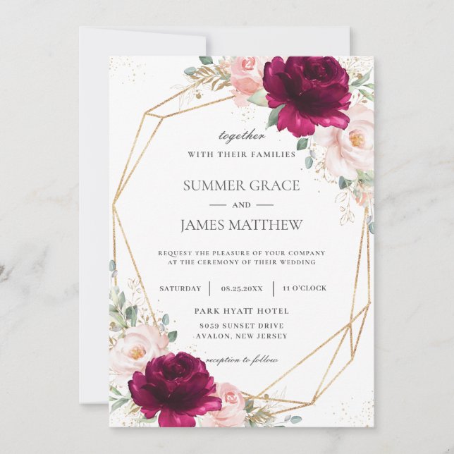 Invitación Raspberry Rubor Rosa Rosa Floral Boda Geométrico (Anverso)