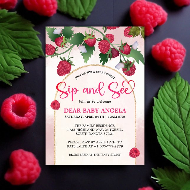 Invitación Raspberry Sweet Watercolor Baby Shower Sip & See (Raspberry Sweet Watercolor Baby Shower Sip & See Invitation)