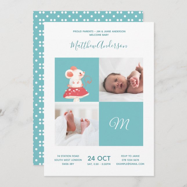 Invitación Rata de ratón • Monograma alfabeto Cute Baby Showe (Anverso / Reverso)