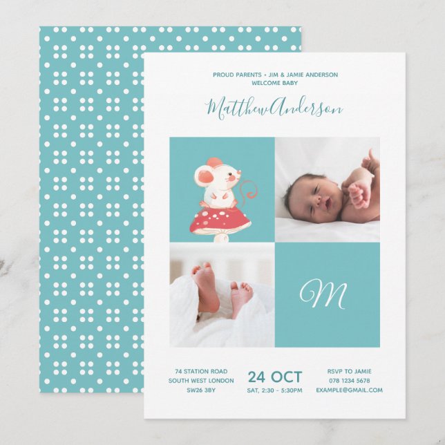 Invitación Rata Del Ratón ・ Monograma Alfabeto Cubo Baby Show (Anverso / Reverso)
