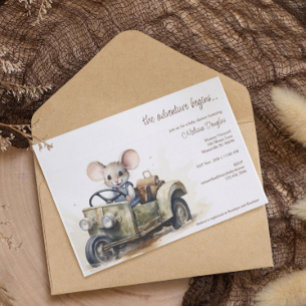 Invitación Ratón acuarela lindo en Baby Shower de coche verde