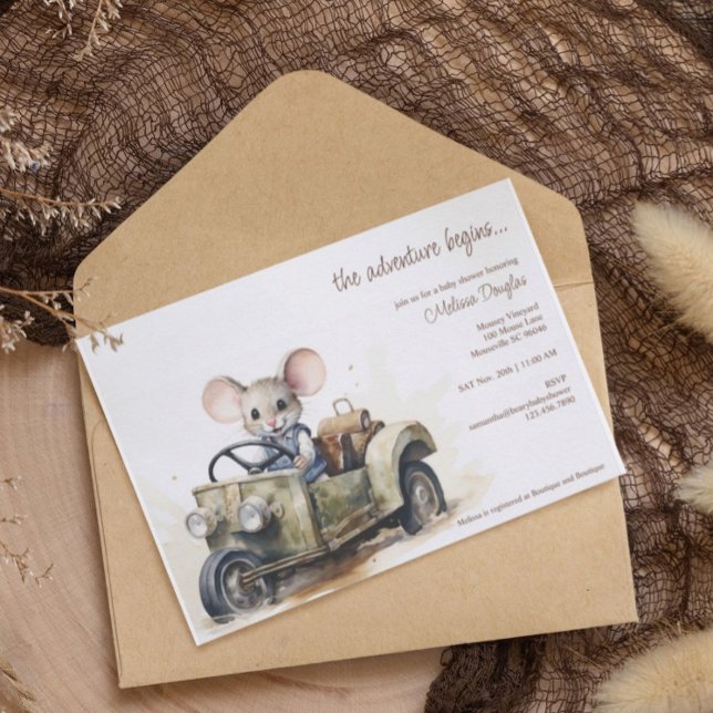 Invitación Ratón acuarela lindo en Baby Shower de coche verde (Subido por el creador)