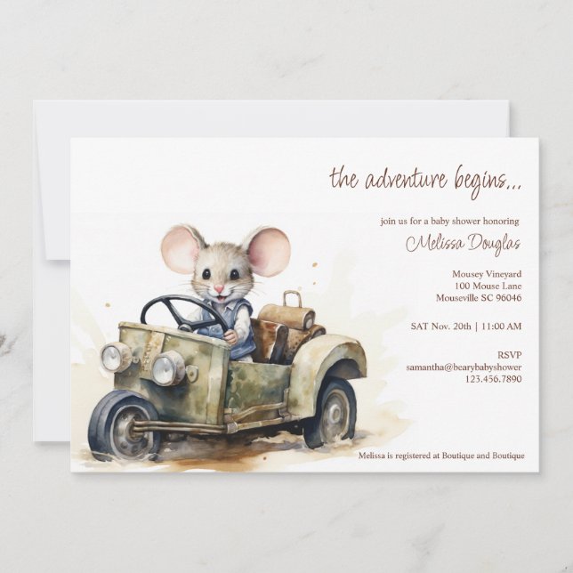 Invitación Ratón acuarela lindo en Baby Shower de coche verde (Anverso)