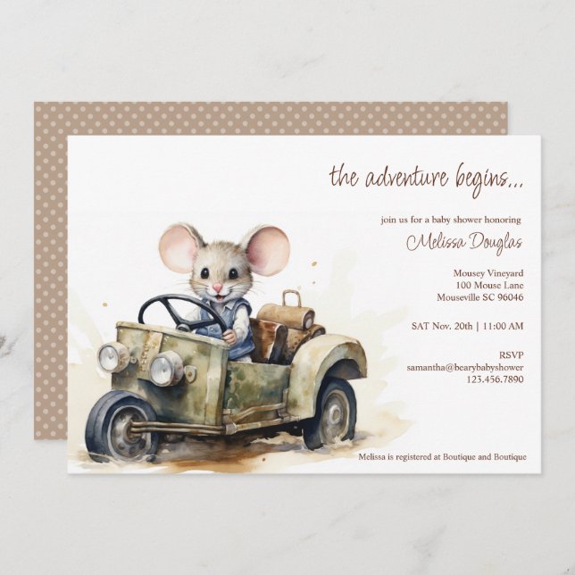 Invitación Ratón acuarela lindo en Baby Shower de coche verde (Anverso / Reverso)