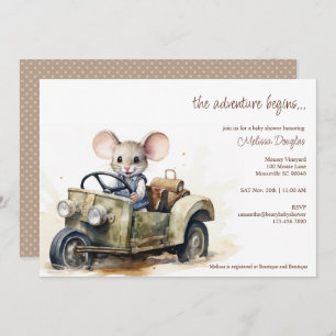 Invitación Ratón acuarela lindo en Baby Shower de coche verde