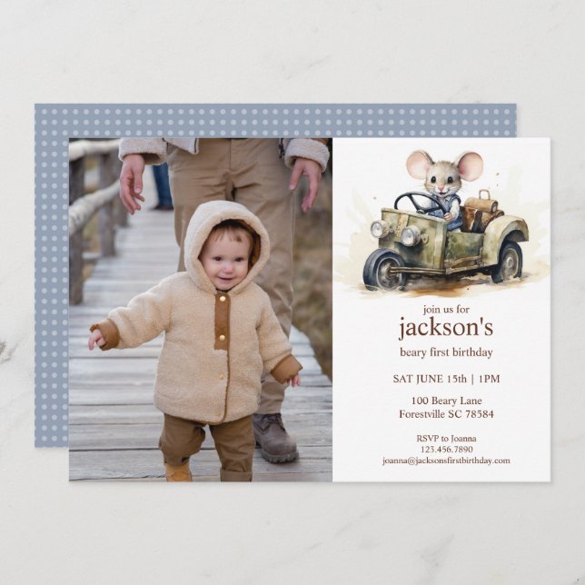 Invitación Ratón acuarela lindo en coche verde primer cumplea (Anverso / Reverso)