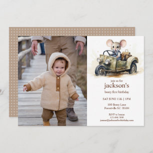 Invitación Ratón acuarela lindo en coche verde primer cumplea