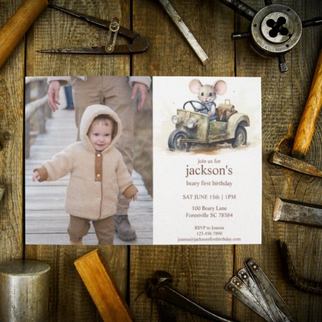 Invitación Ratón acuarela lindo en coche verde primer cumplea (Subido por el creador)