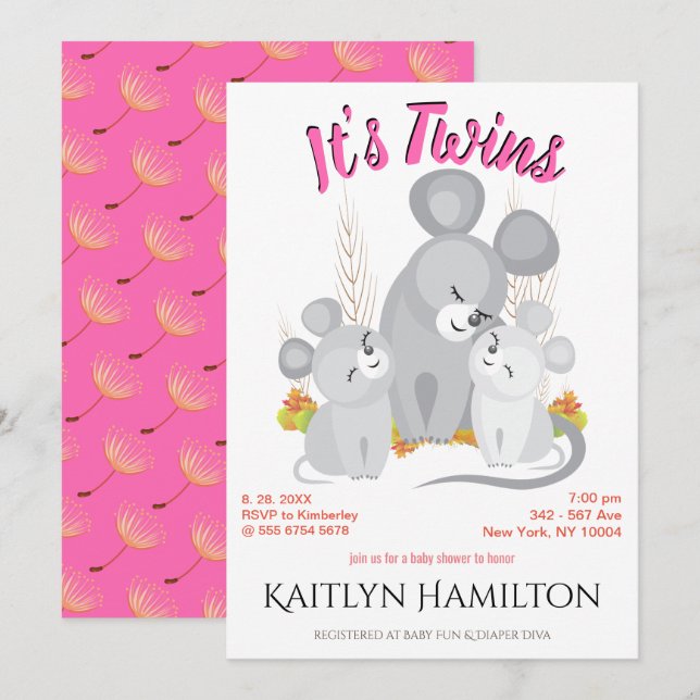 Invitación Ratón Baby Shower Woodland Chica gemelos (Anverso / Reverso)