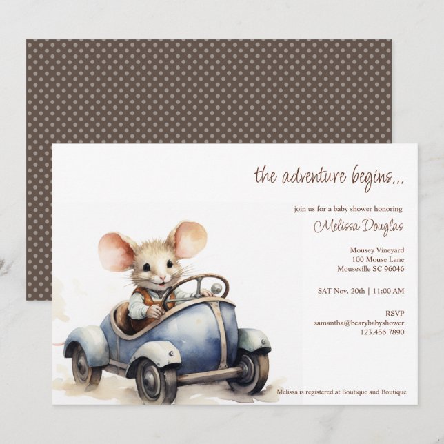 Invitación Ratón cutáneo acuarela en Baby Shower de auto azul (Anverso / Reverso)