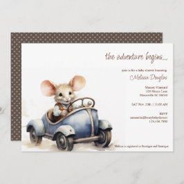 Invitación Ratón cutáneo acuarela en Baby Shower de auto azul