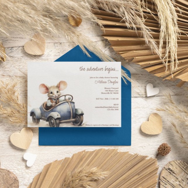 Invitación Ratón cutáneo acuarela en Baby Shower de auto azul (Subido por el creador)