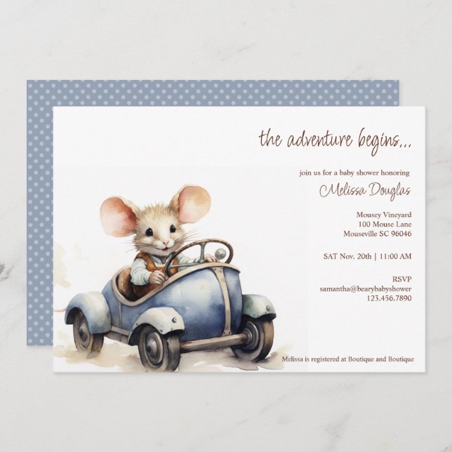 Invitación Ratón cutáneo acuarela en Baby Shower de auto azul (Anverso / Reverso)