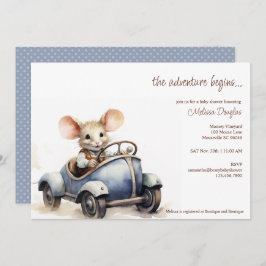 Invitación Ratón cutáneo acuarela en Baby Shower de auto azul