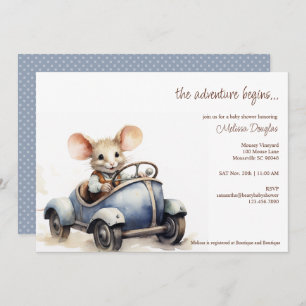 Invitación Ratón cutáneo acuarela en Baby Shower de auto azul