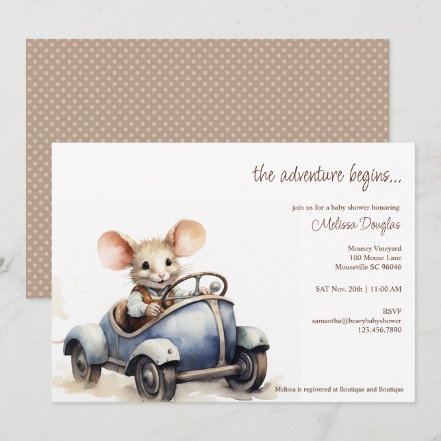 Invitación Ratón cutáneo acuarela en Baby Shower de auto azul (Anverso / Reverso)