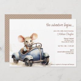 Invitación Ratón cutáneo acuarela en Baby Shower de auto azul