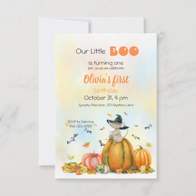 Invitación Ratón de bruja suave en la calabaza (Anverso)