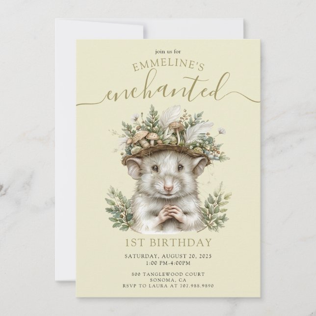 Invitación Ratón forestal encantado Animal 1er cumpleaños (Anverso)