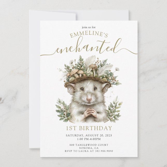Invitación Ratón forestal encantado Animal 1er cumpleaños (Anverso)
