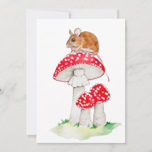 Invitación Ratón gracioso sobre una mosca agaric, acuarela