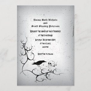 Invitación Raven, cráneo y boda gris gótico ornamentado