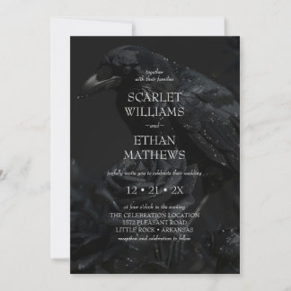 Invitación Raven floral negra gótica y Boda Rosa