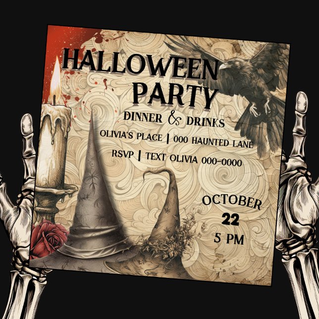 Invitación Raven | Gorras de brujas | Vela | Fiesta Rosa de H (Haunted halloween customizable party invite with raven and witch hats. )
