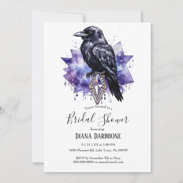 Invitación Raven gótico oscuro morado y ducha de novia con di (Anverso)