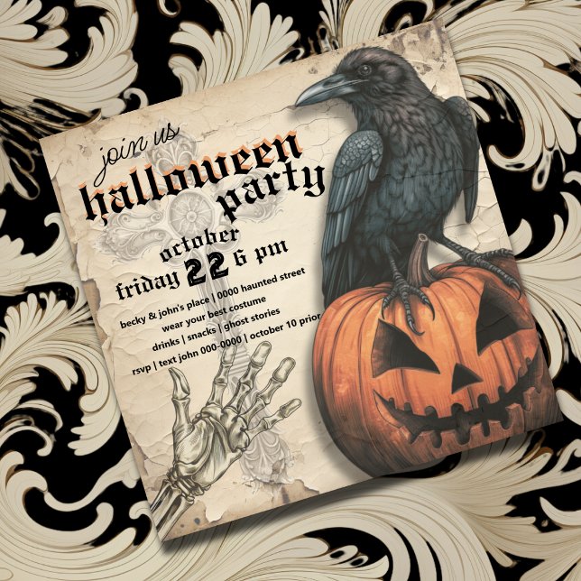 Invitación Raven | Jack o Lantern | Mano de esqueleto | Hallo (Raven on top of jack o lantern with spooky skeleton hand Halloween party invite)