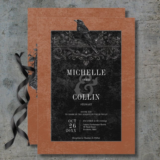 Invitación Raven negro gótico y Boda de óxido de Rosas negros (Gothic Black Raven & Black Roses Rust Wedding Invitation)