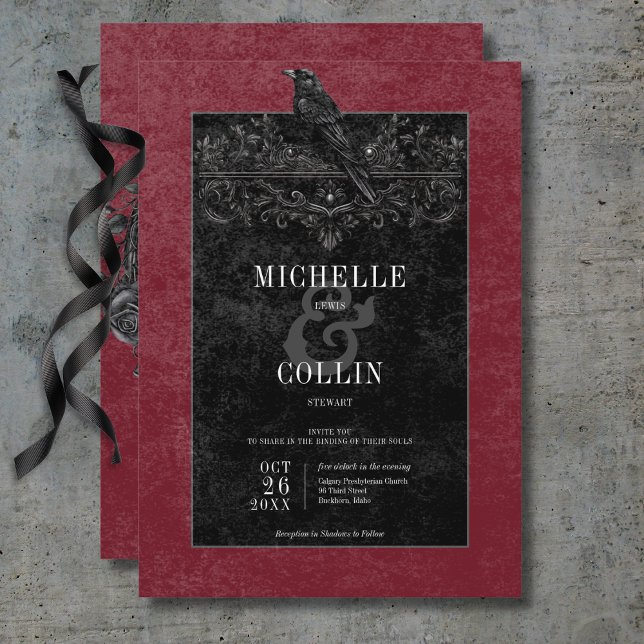 Invitación Raven negro gótico y Boda de vino Rosas negros (Gothic Black Raven & Black Roses Wine Wedding Invitation)