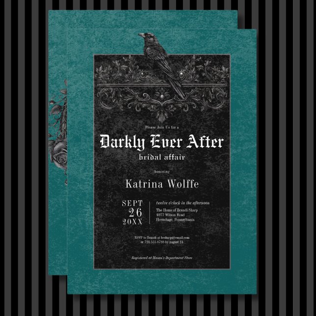 Invitación Raven negro gótico y ducha de novia Verde azulada  (Gothic Black Raven & Roses Teal Bridal Shower Invitation)