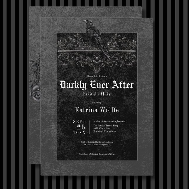 Invitación Raven negro gótico y ducha de novias negras para R (Gothic Black Raven & Roses Black Bridal Shower Invitation)