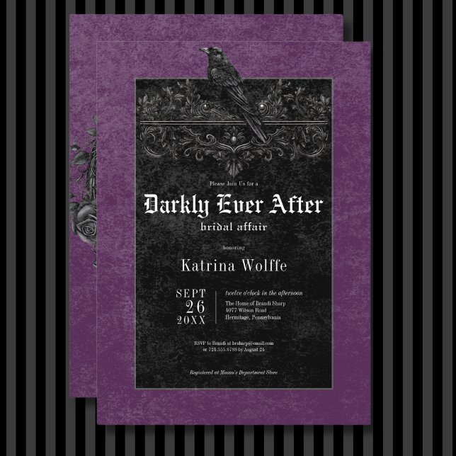 Invitación Raven negro gótico y duchas de novias moradas para (Gothic Black Raven & Roses Purple Bridal Shower Invitation)