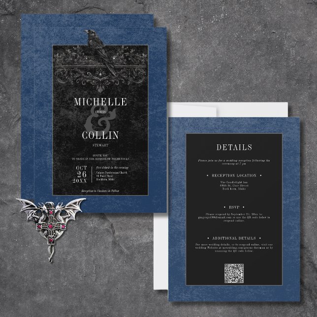 Invitación Raven negro gótico y Rosas negros azul de dos lado (Gothic Black Raven & Black Roses Blue All In One Invitation)