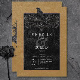 Invitación Raven negro gótico y Rosas negros Boda de oro