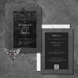 Invitación Raven negro gótico y Rosas negros de dos lados