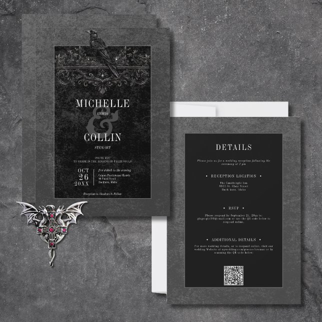 Invitación Raven negro gótico y Rosas negros de dos lados (Gothic Black Raven & Black Roses All In One Invitation)