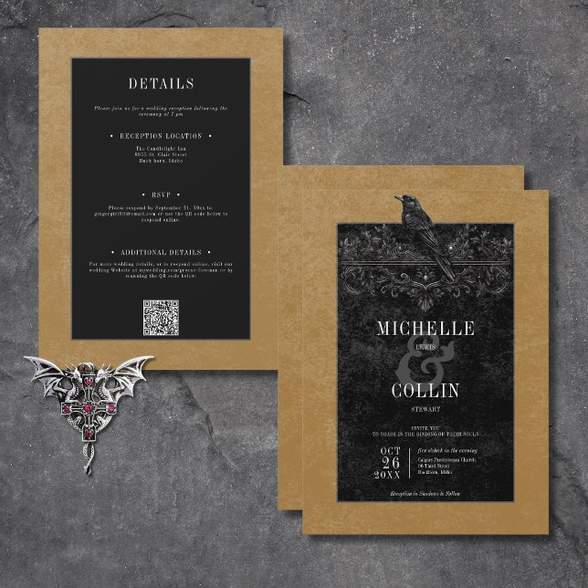 Invitación Raven negro gótico y Rosas negros oro a dos lados (Gothic Black Raven & Black Roses Gold All In One Invitation)
