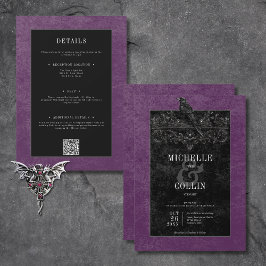 Invitación Raven negro gótico y Rosas negros púrpura dos lado