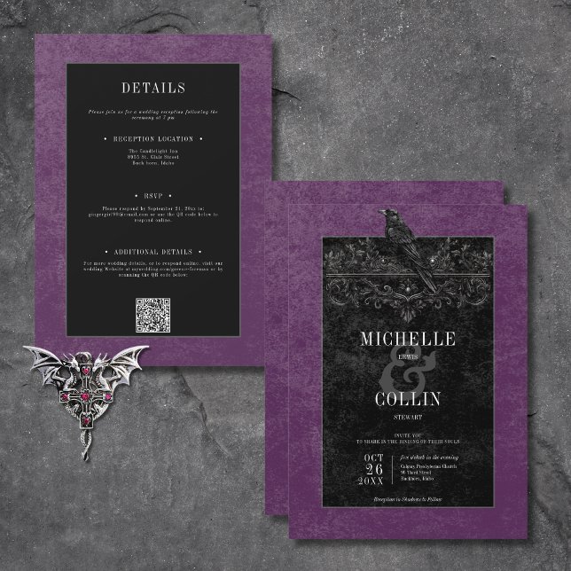 Invitación Raven negro gótico y Rosas negros púrpura dos lado (Gothic Black Raven & Black Roses Purple All In One Invitation)