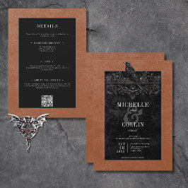 Invitación Raven negro gótico y Rosas negros rojan dos lados